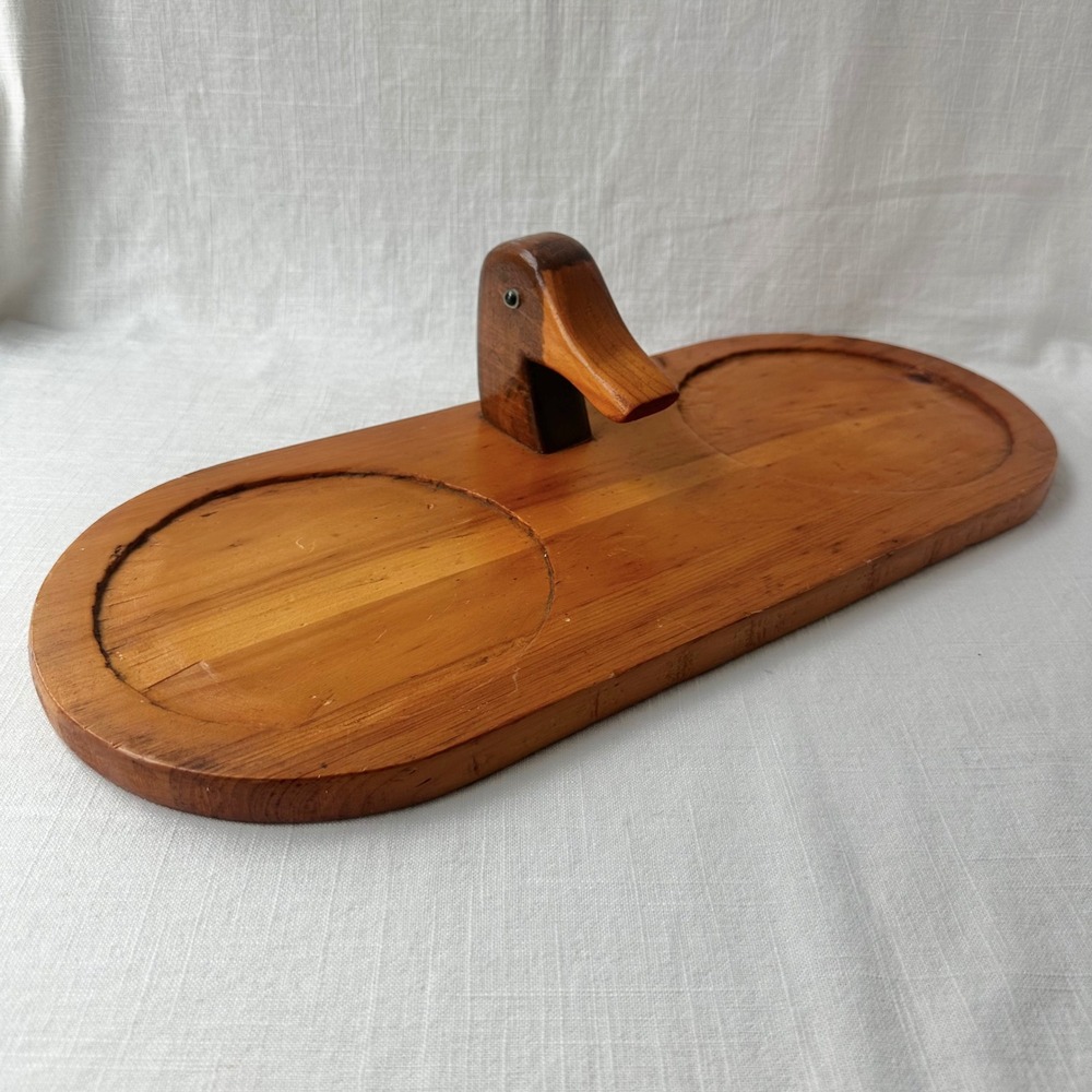 Vintage Carved Wood Duck Serving Tray Double Plate Holder Mid Century Decor